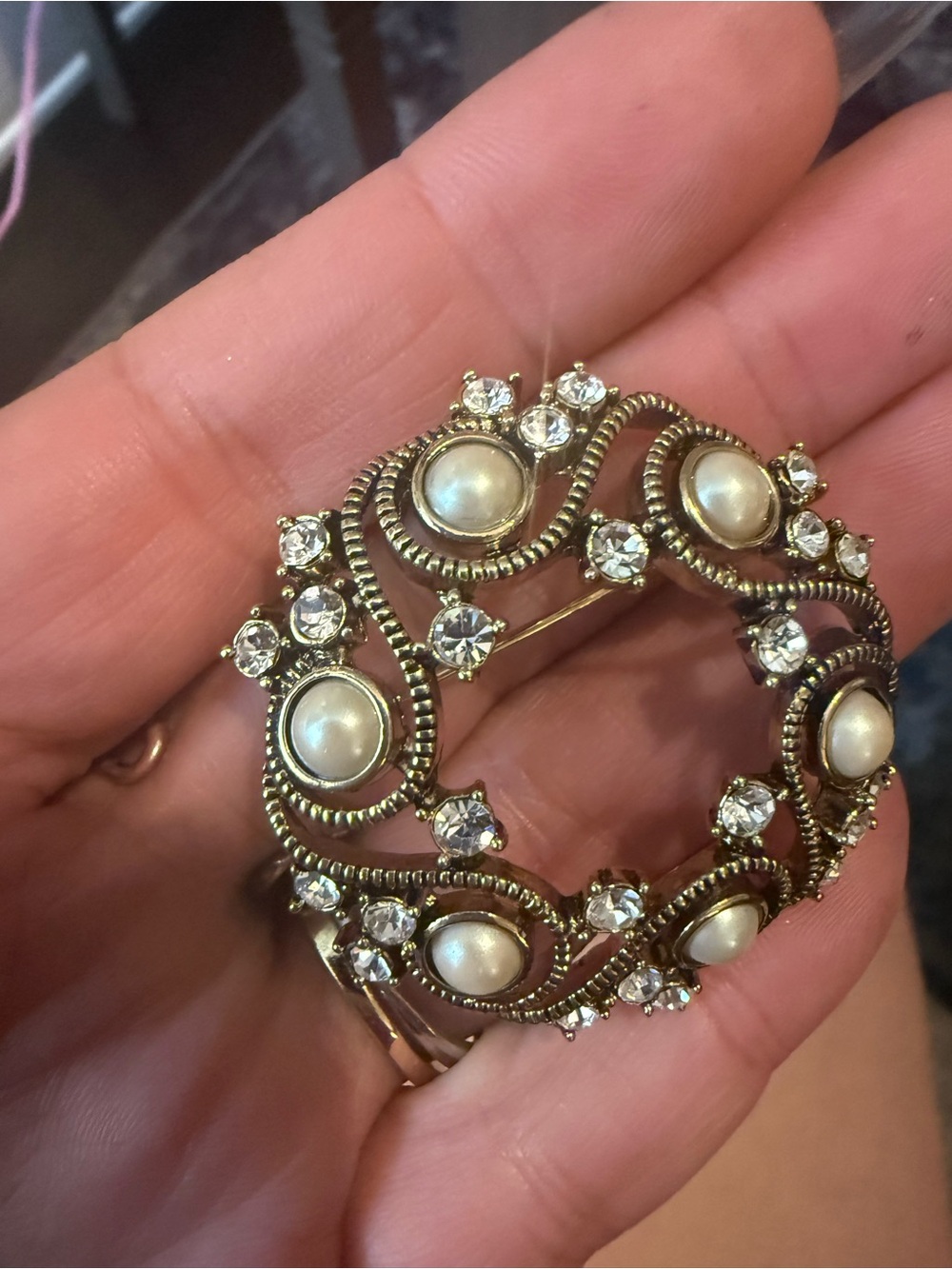 Monet Gold-Tone Pearl & Clear Crystal Wreath Brooch